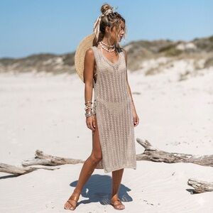 Muche et Muchette tan gold open knit crochet midi dress / cover-up - XS / Small